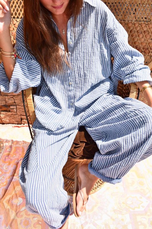 Sundaze Cheesecloth Chalk Stripe Boyfriend Shirt Denim